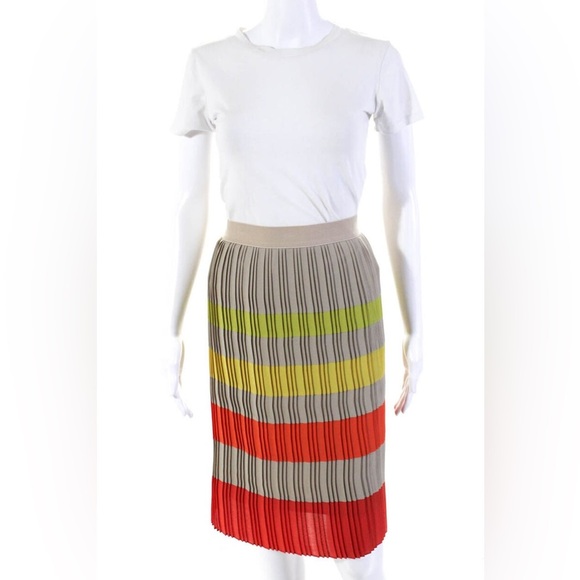 BCBGMAXAZRIA Pleated Beige Selita Pencil Skirt Elastic Waist Colorblock Striped - Picture 2 of 5